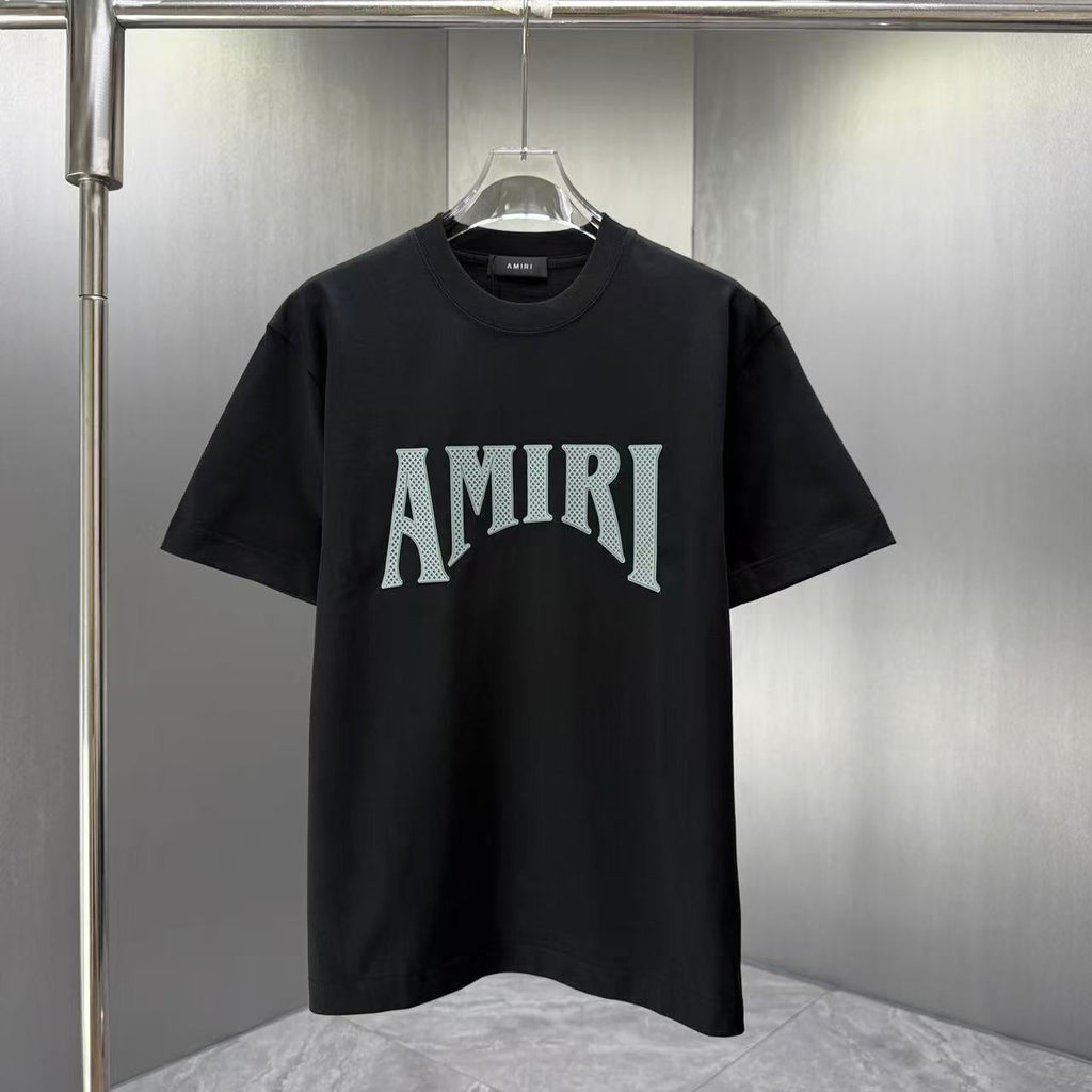 AMIRI Perforated Collegiate Logo Crew‑Neck Short‑Sleeve T‑Shirt