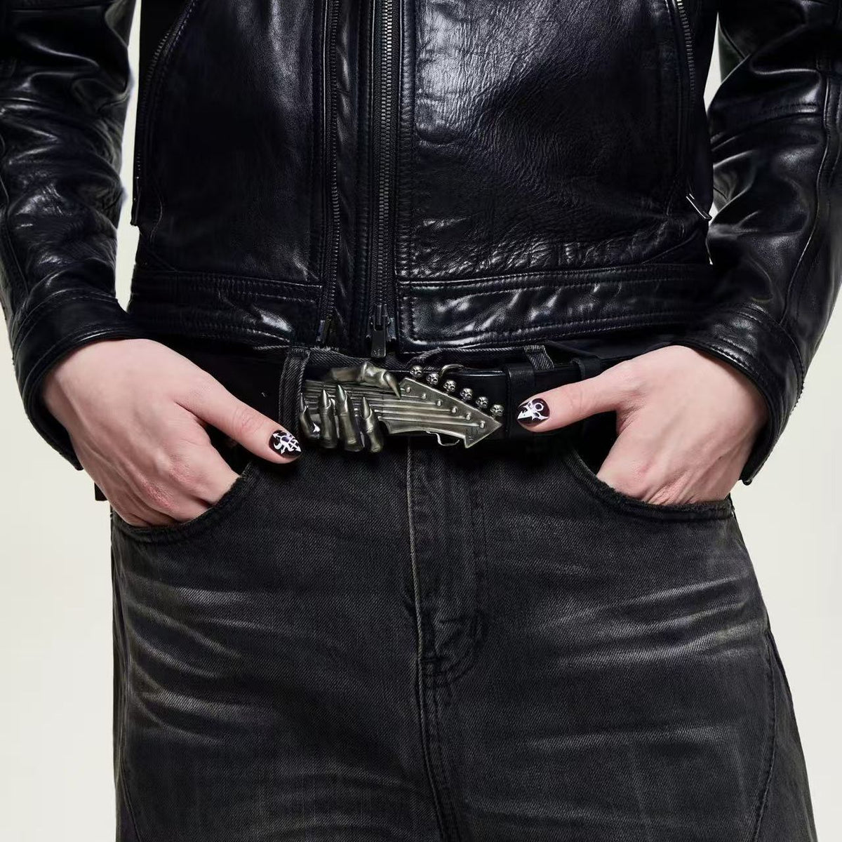 TBR Leather Belt Ghost Claw Guitar Buckle Washed Bison Grain Waist