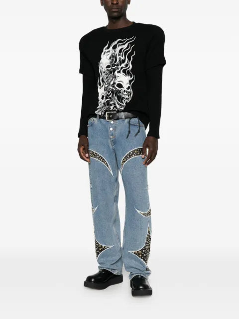 THUG CLUB skull-print layered-sleeve sweatshirt