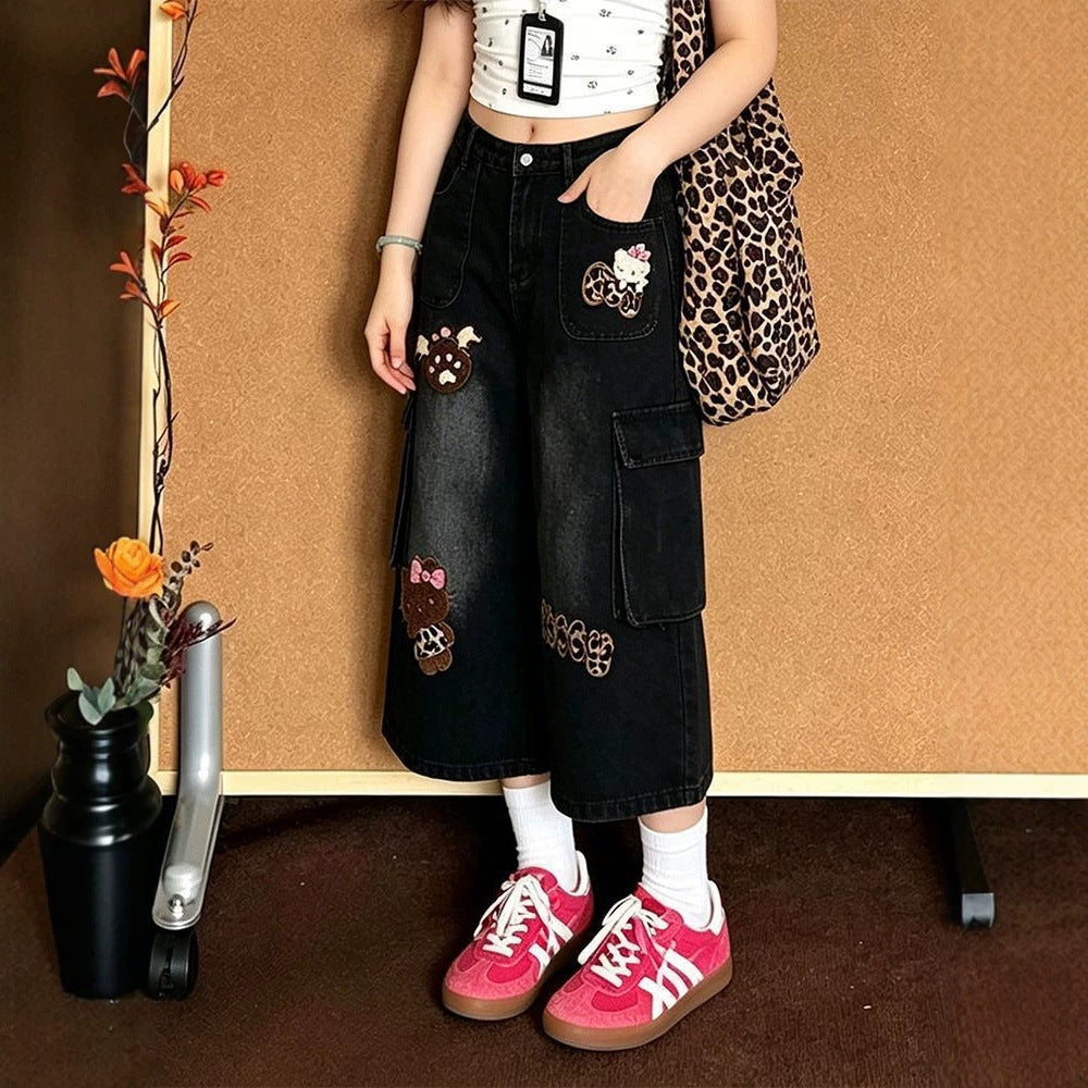 Sweet Cartoon Patch Cargo Cropped Wide Leg Black Denim Capri Pants