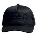 All-Black Vintage Trucker Hat with Tonal Stars and Cruise Ship Graphic
