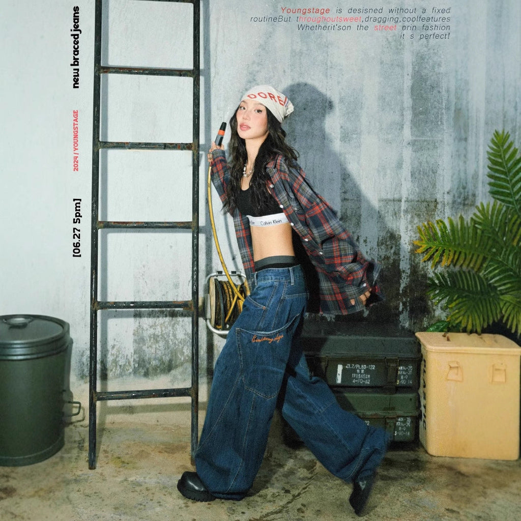 Y2K Vintage Big‑Pocket Curved Baggy Wide‑Leg Jeans Streetwear
