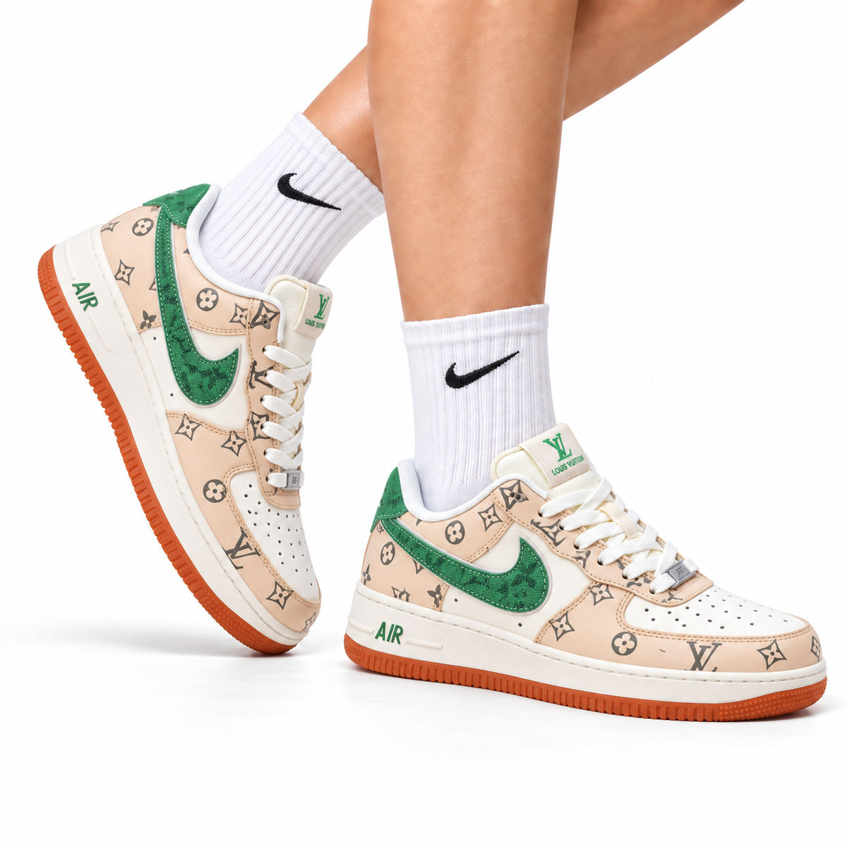 Nike Air Force 1 Low Beige Green Monogram Print Unisex Sneakers Style 12