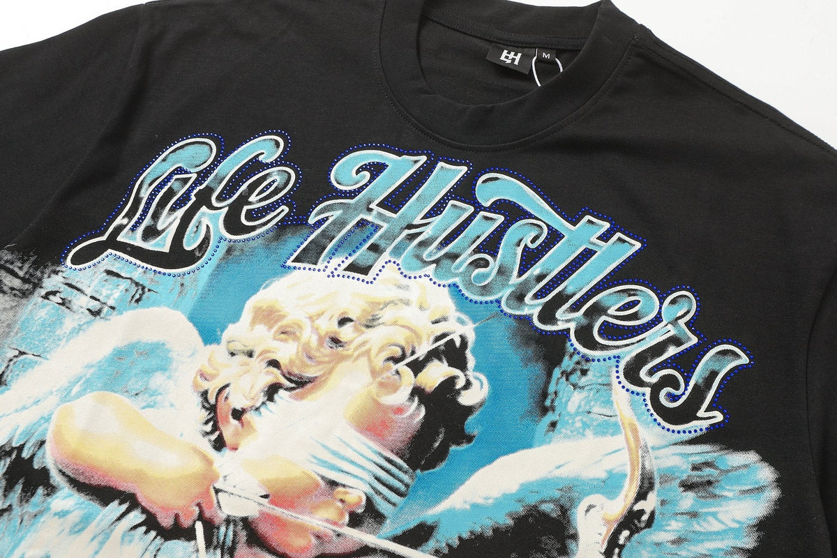 Life Hustlere Blue & White Graphic Black T-Shirt