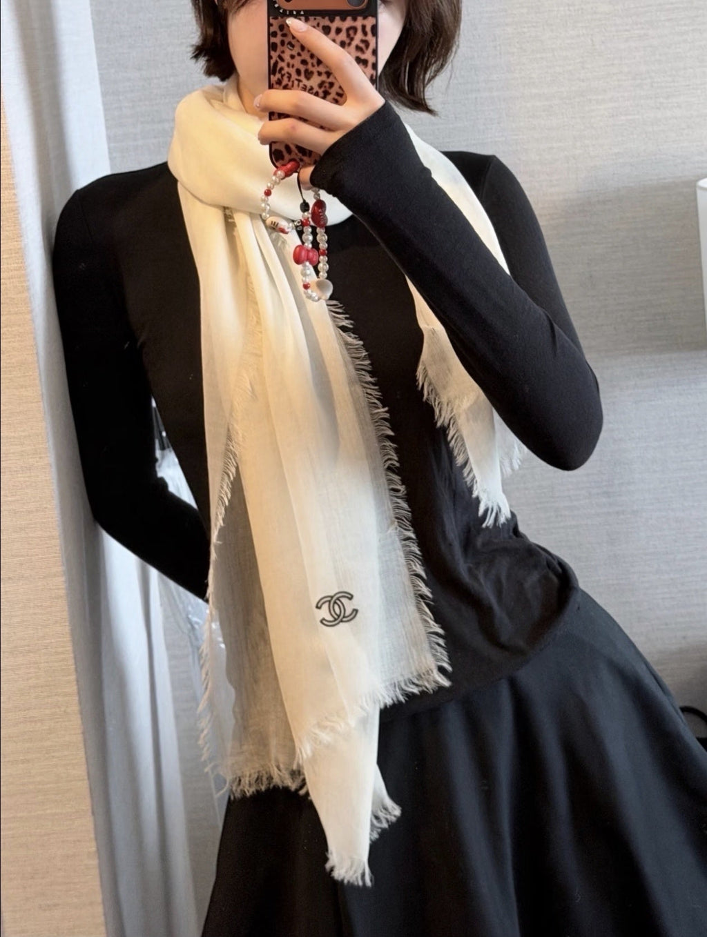 Chanel Style Lightweight Embroidered Logo Scarf