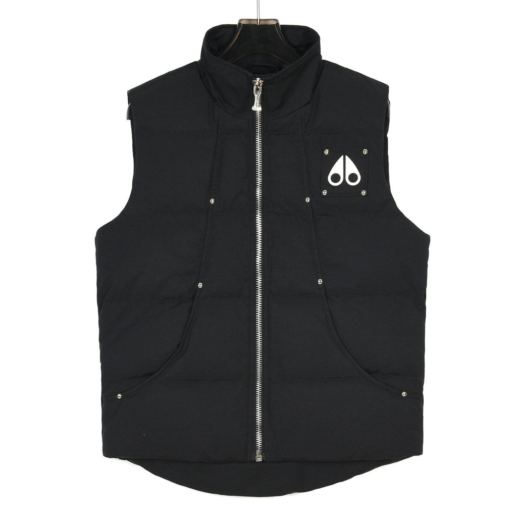 Moose Knuckles Puffer Vest in Black with Metallic Logo and Stud Details