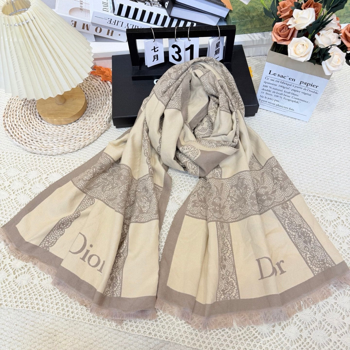 Dior Style Toile Fringe Scarf