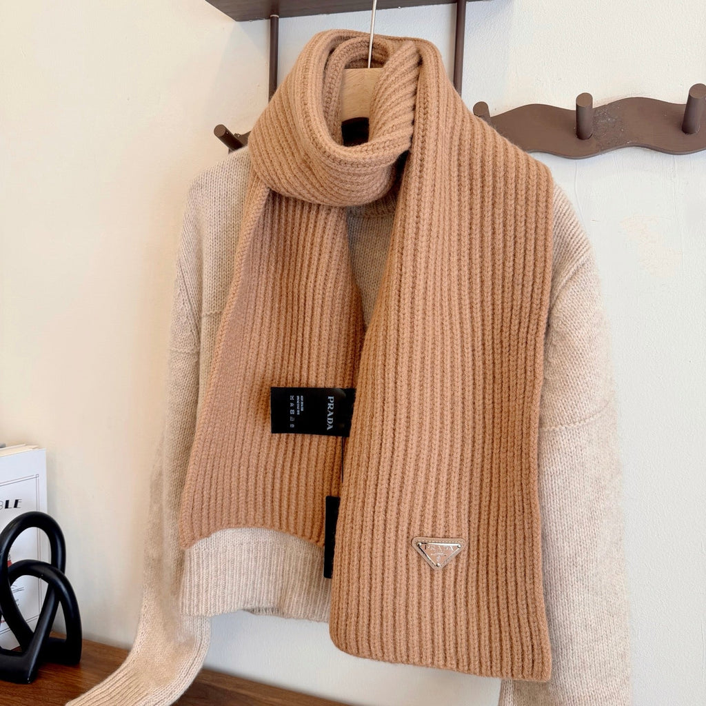 Prada Style Rib-Knit Logo Scarf