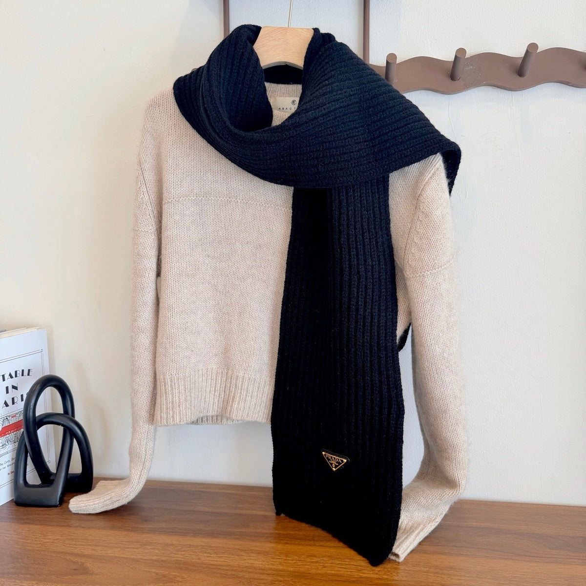 Prada Style Rib-Knit Logo Scarf