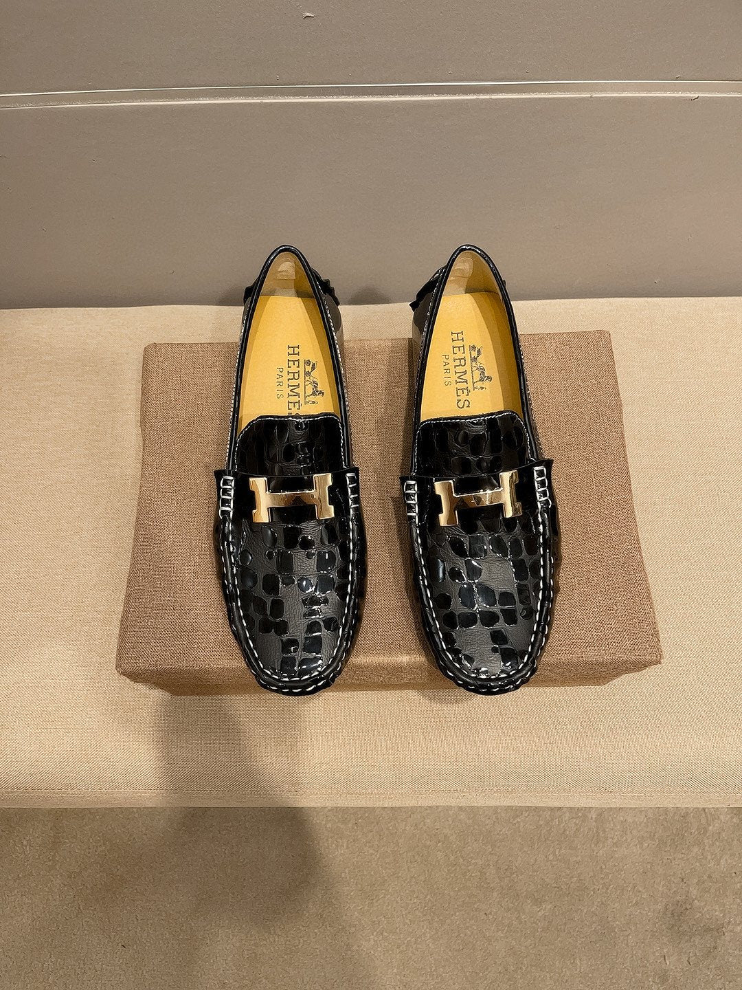 Hermès Black Textured Loafers