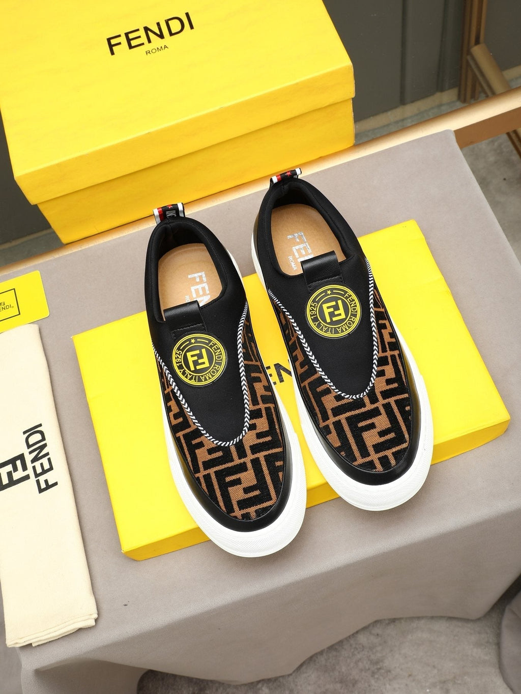 Fendi Men's Brown Panel Slip-On Sneakers