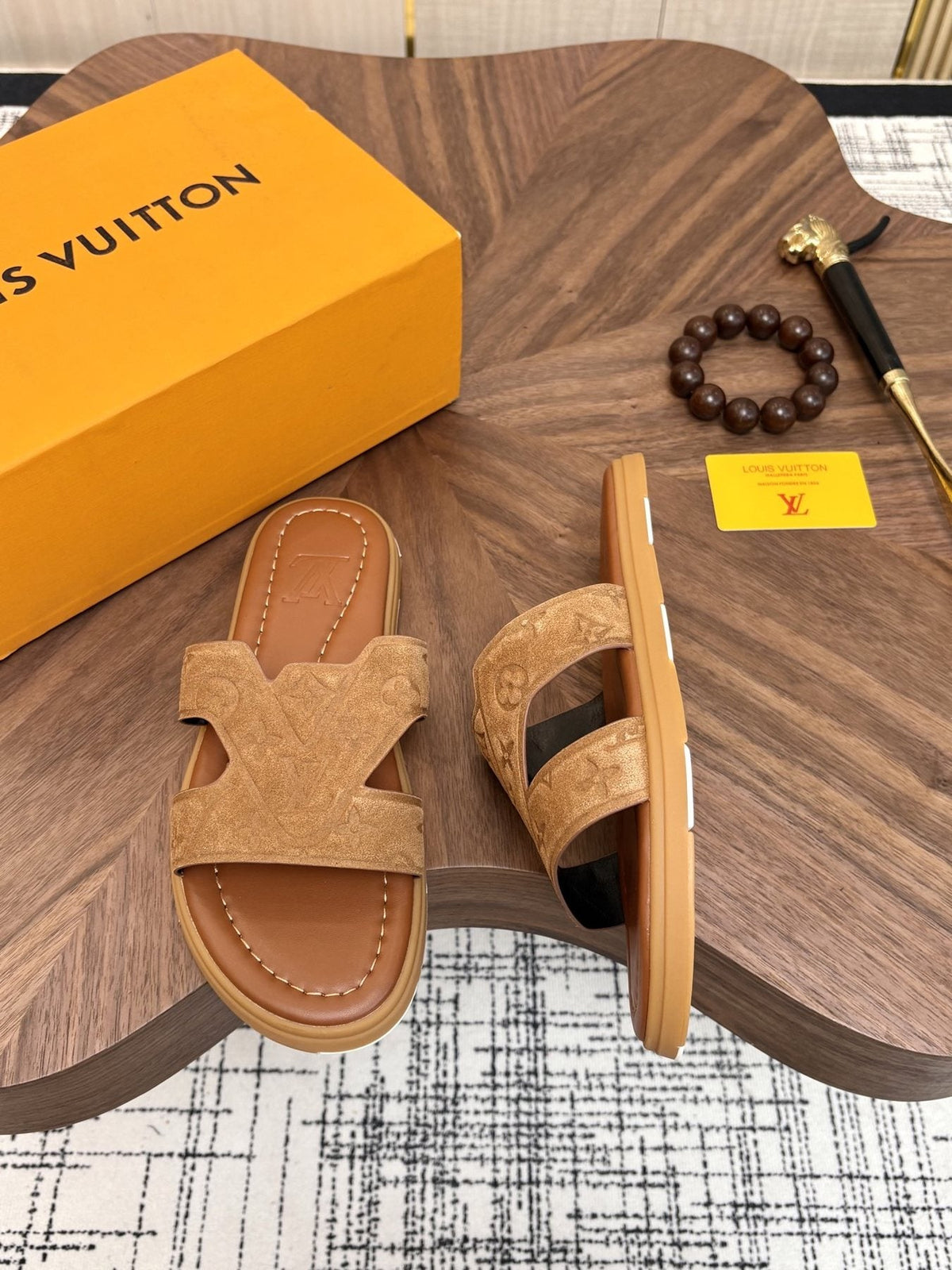 Louis Vuitton Tan Monogram Slide Sandals