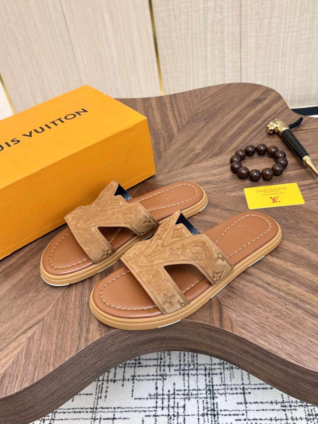Louis Vuitton Tan Monogram Slide Sandals