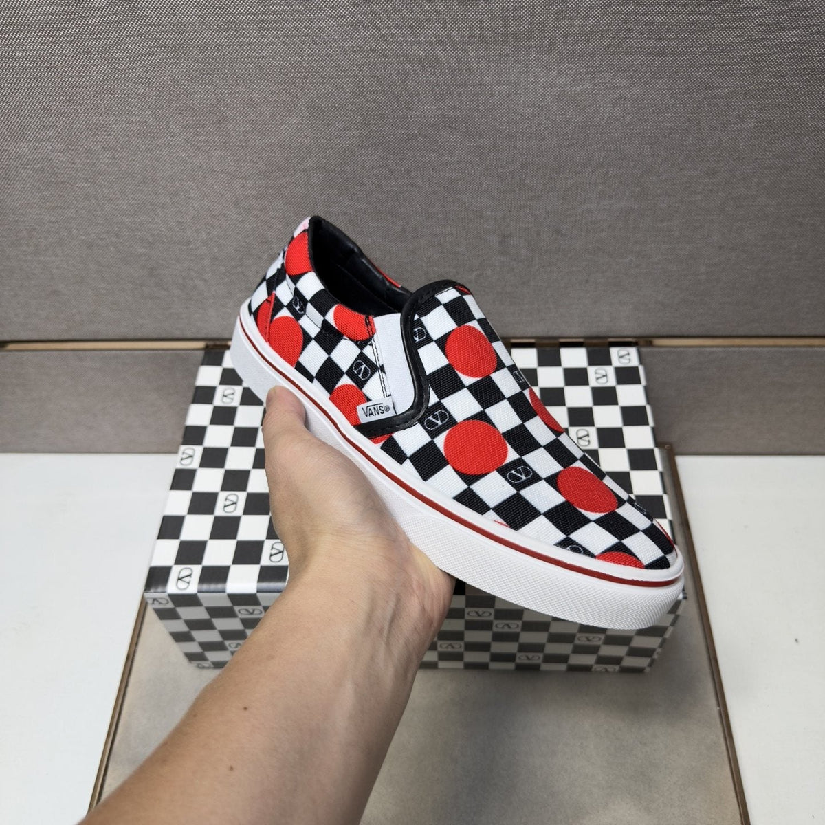Vans Men's Checkerboard Slip-On Shoes - Black, White & Red