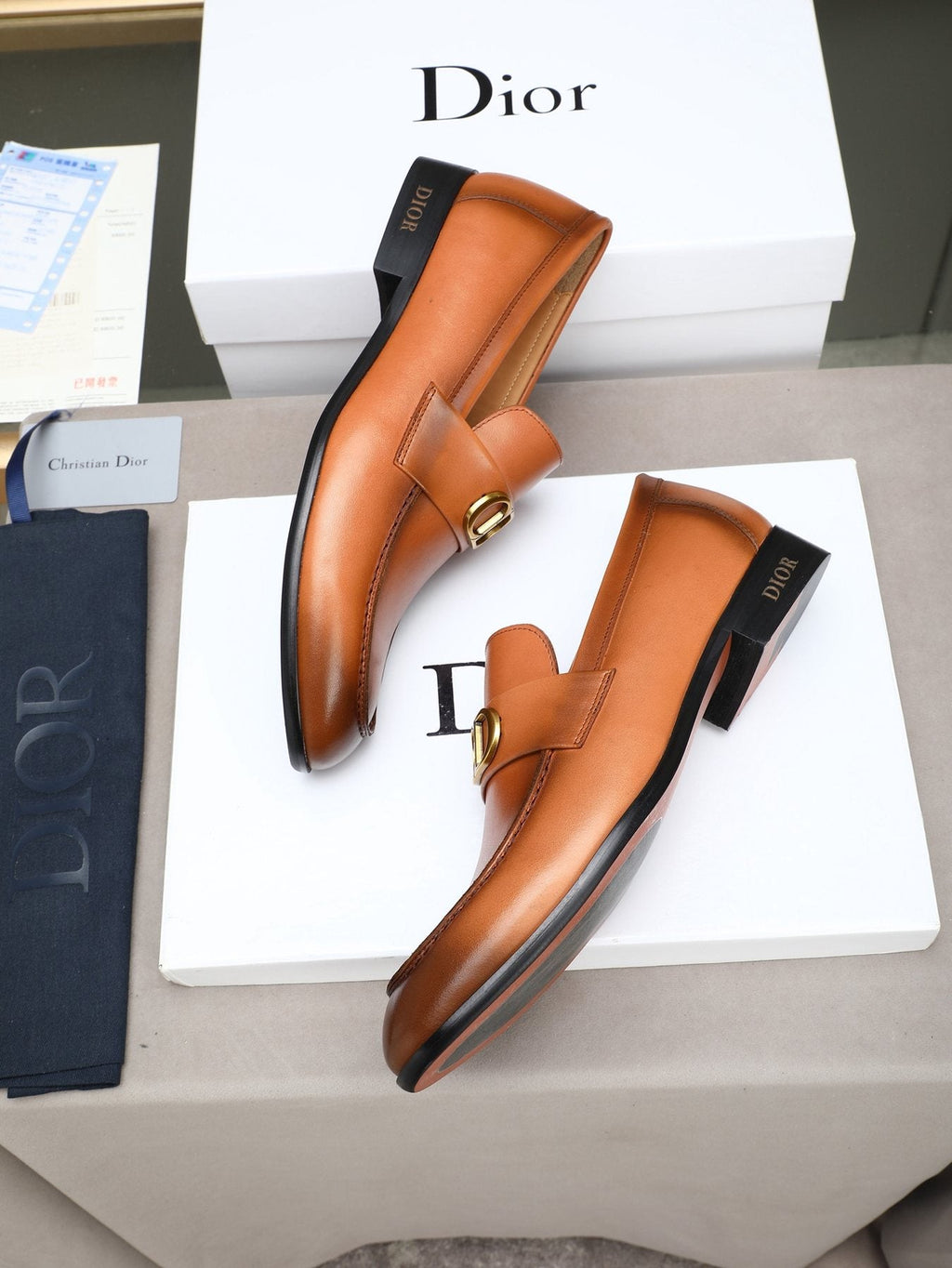Dior Cognac Brown Gold-Hardware Loafers