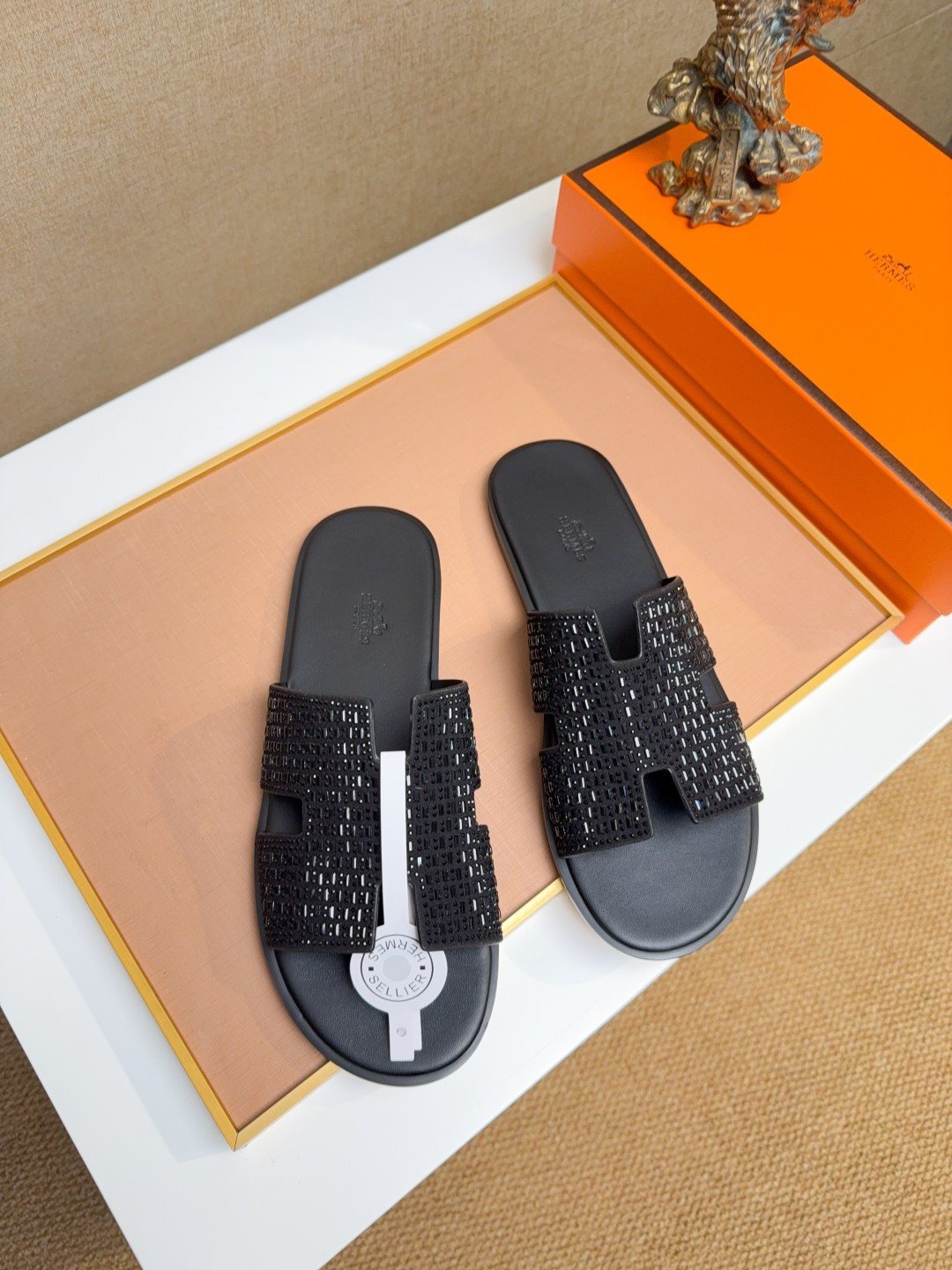 Hermès Black Textured H Slide Sandals - Beige Outsole