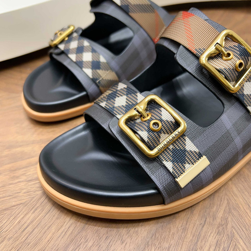 Burberry Black Plaid Two-Strap Slide Sandals
