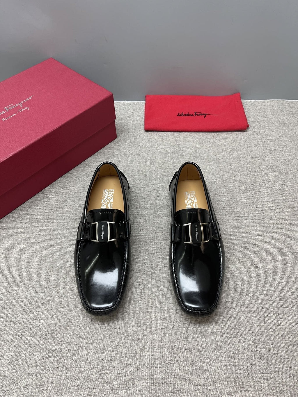 Ferragamo Men's Black Buckle Driving Loafers - Silver-Tone Hardware