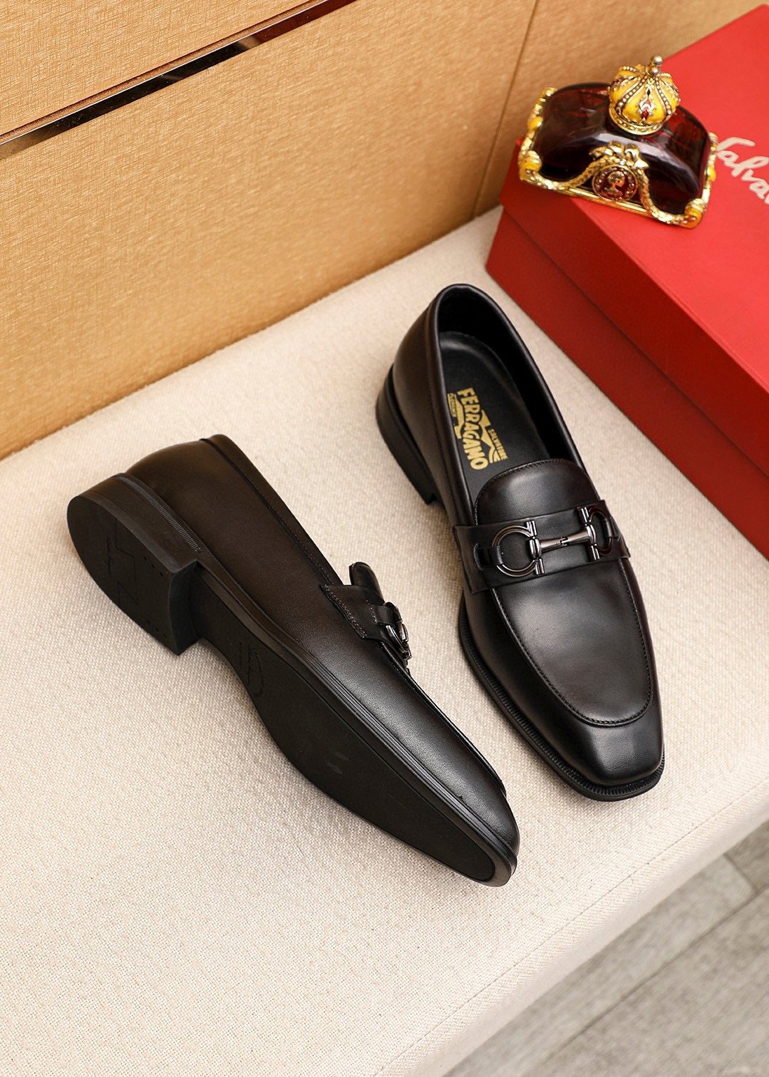 Ferragamo Black Leather Bit Loafers - Stacked Heel