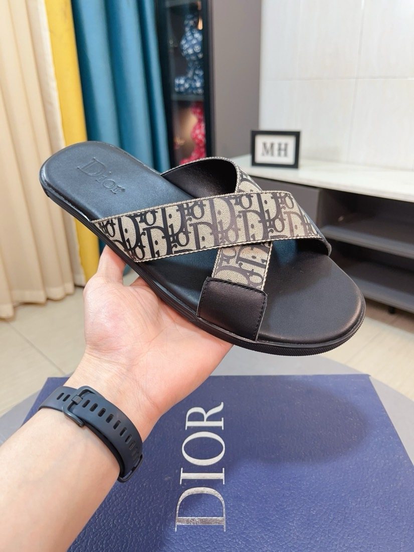 Dior Men's Patterned Cross-Strap Slide Sandals - Black and Beige