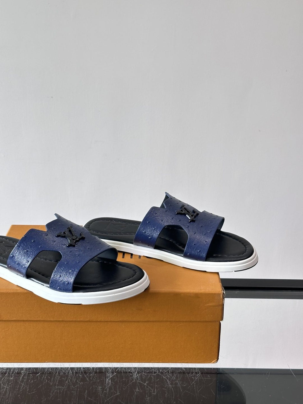 Louis Vuitton Embossed Blue Slide Sandals