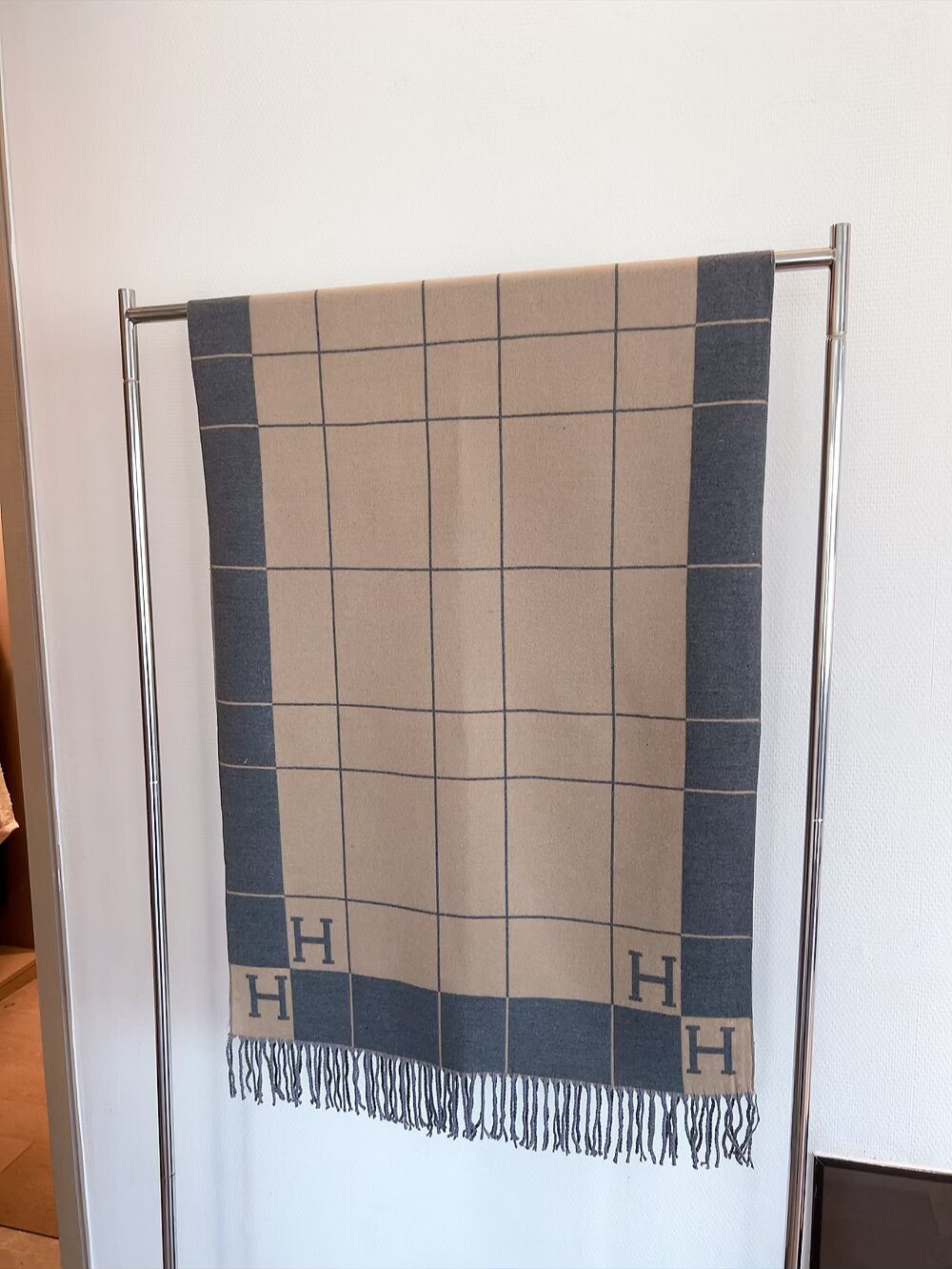 Hermès Light Beige and Black Grid Fringed Scarf