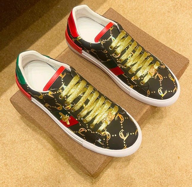 Black Patterned Gold-Lace Low-Top Sneakers