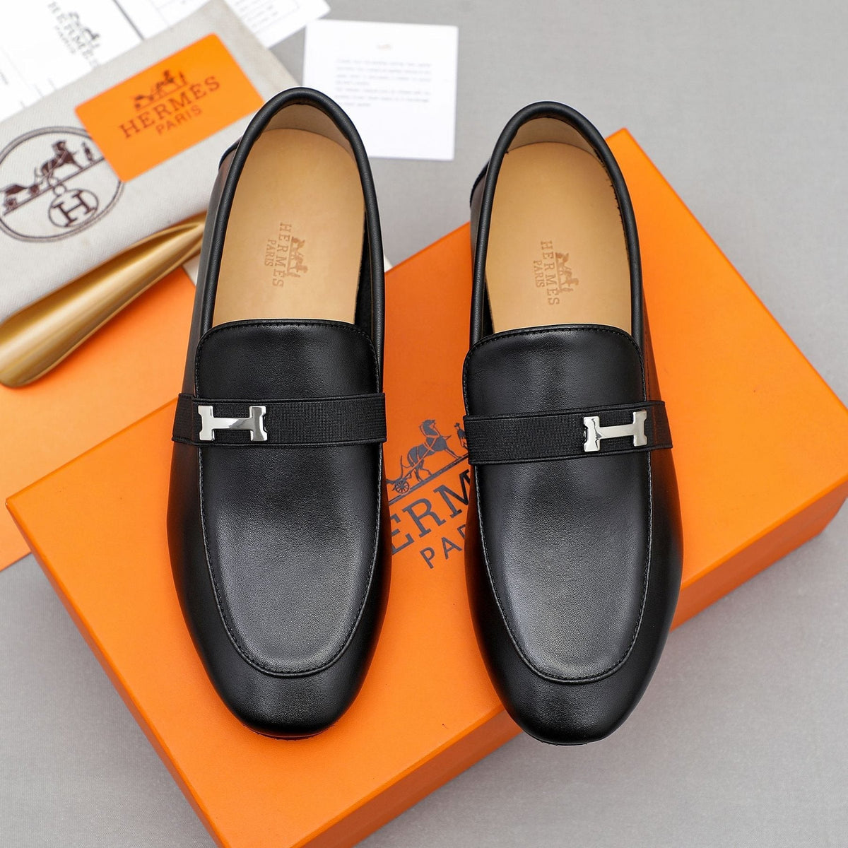 Hermès Black H-Hardware Slip-On Loafers