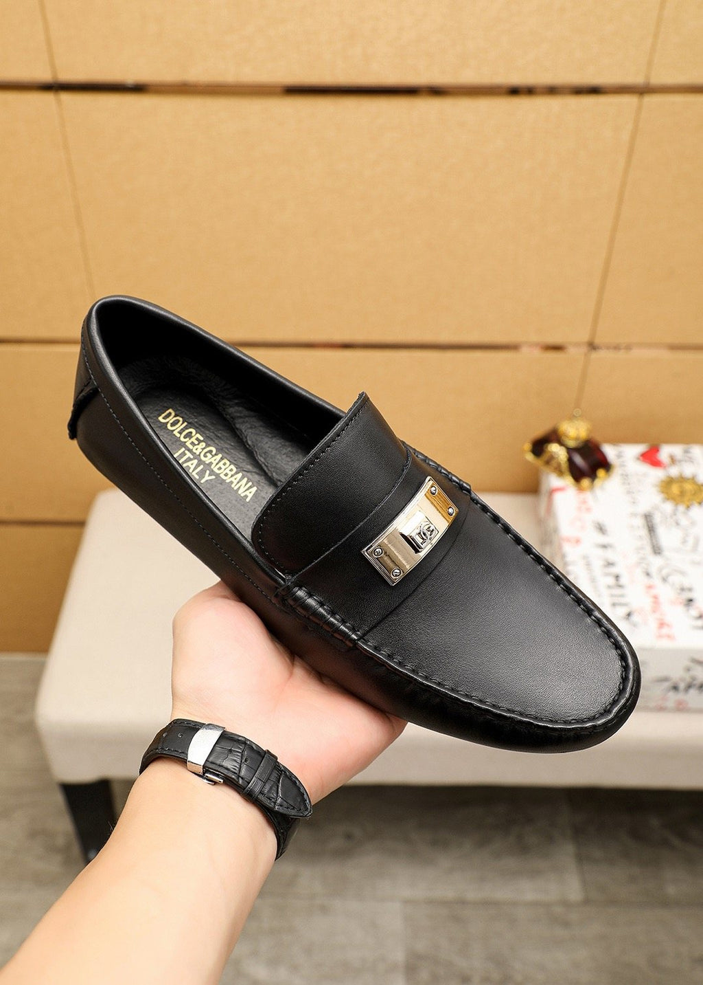 Dolce & Gabbana Men's Black Plaque Slip-On Loafers