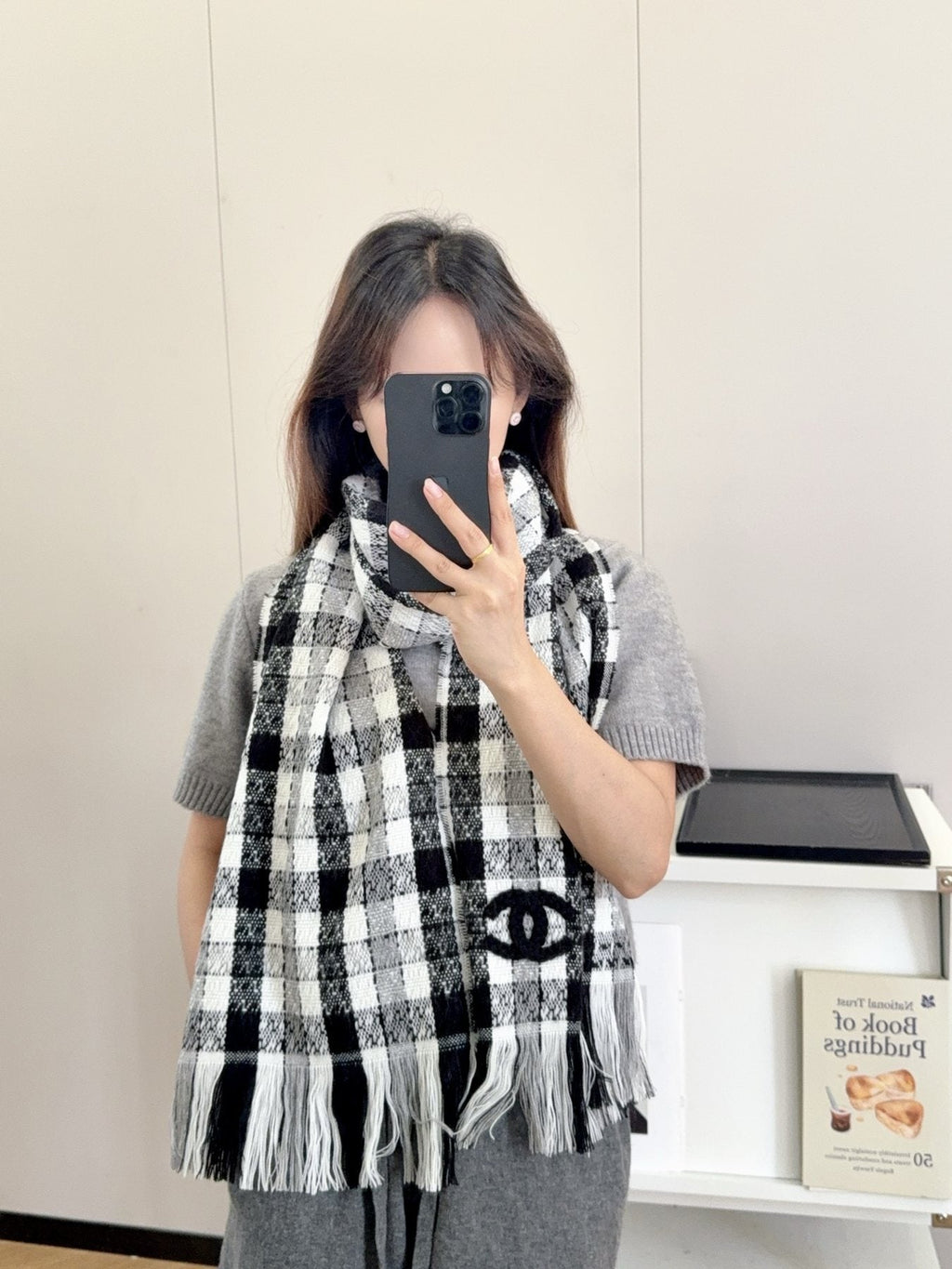 Chanel Black and White Plaid Fringed Scarf