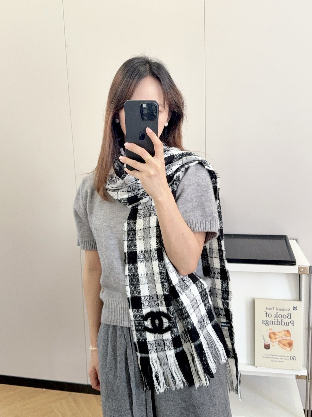 Chanel Black and White Plaid Fringed Scarf
