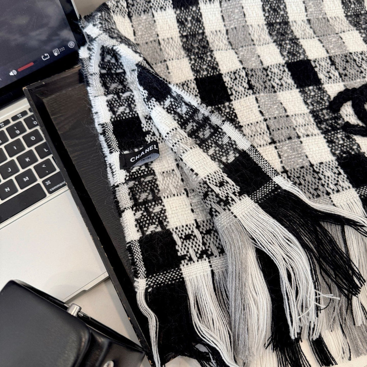 Chanel Black and White Plaid Fringed Scarf