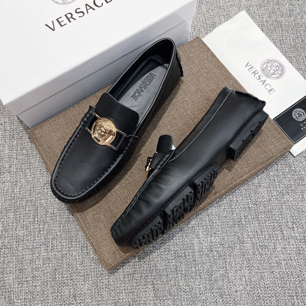 Versace Men's Black Gold-Tone Hardware Loafers - Rubber Outsole