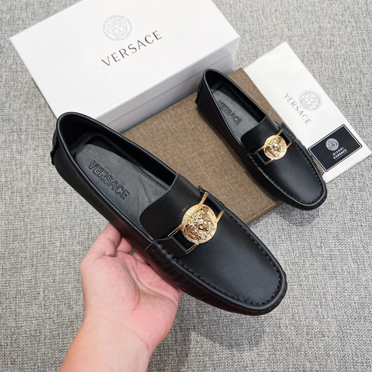 Versace Men's Black Gold-Tone Hardware Loafers - Rubber Outsole