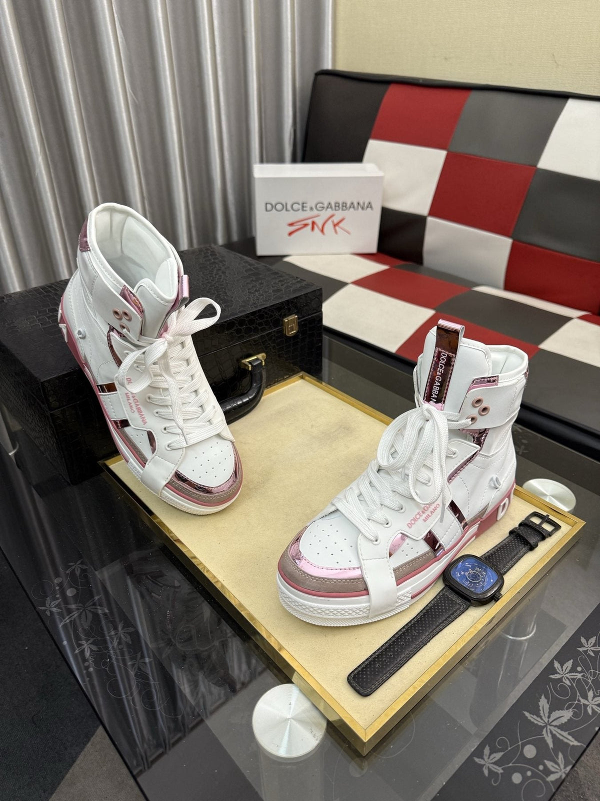 Dolce & Gabbana White and Pink High-Top Sneakers