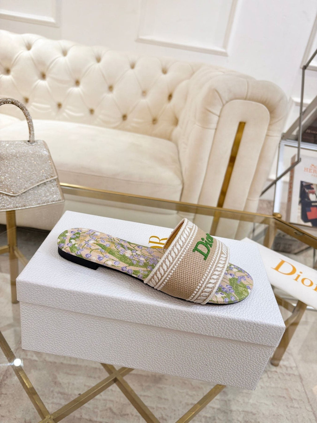 Dior Beige Floral Embroidered Slide Sandals