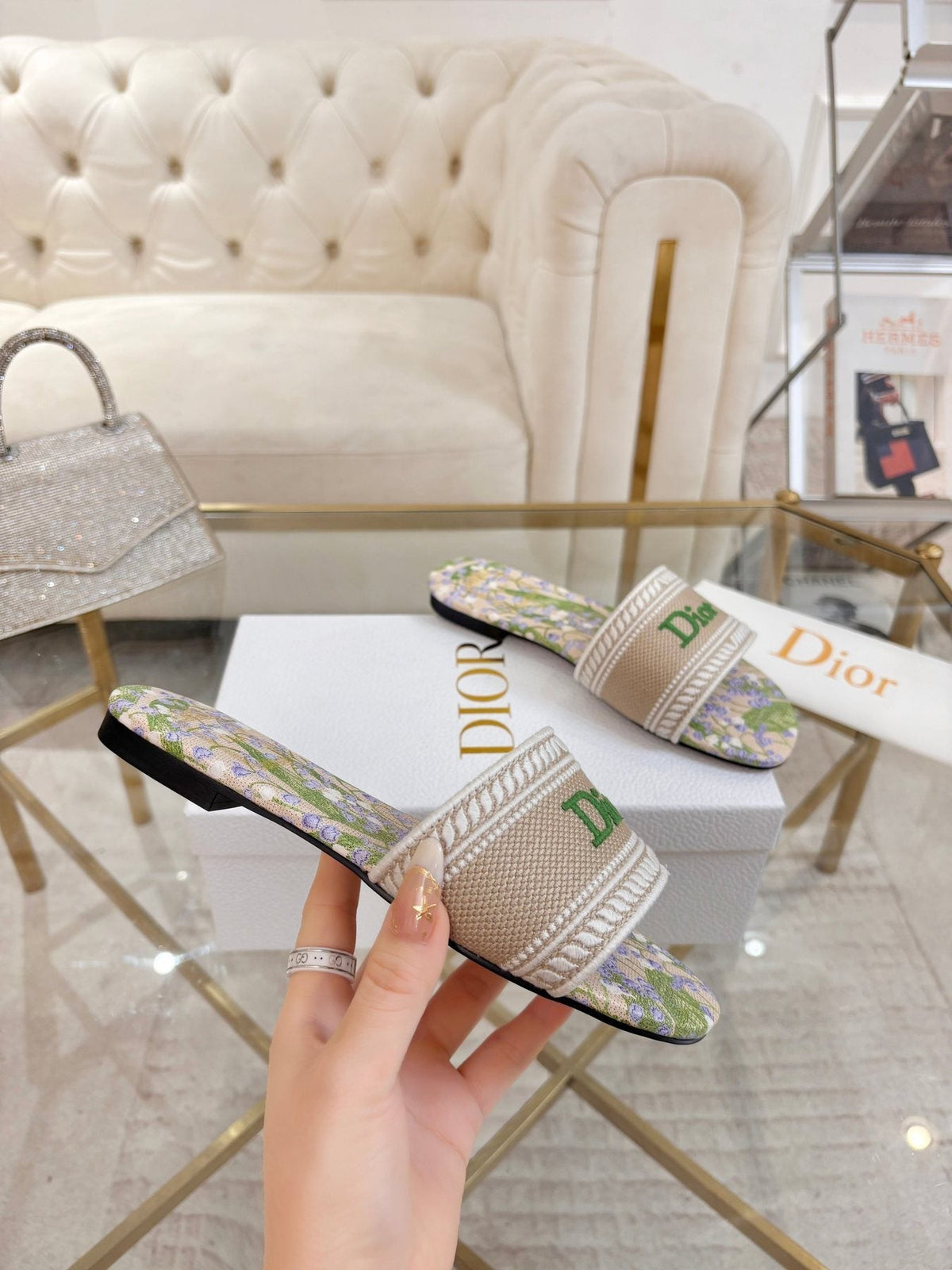 Dior Beige Floral Embroidered Slide Sandals