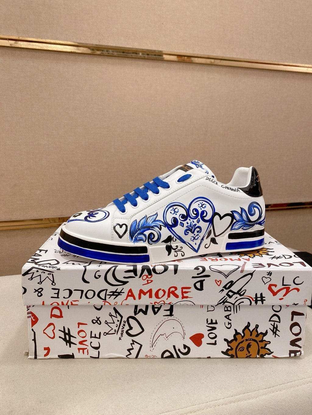 Dolce & Gabbana Men's White Blue Graphic Sneakers