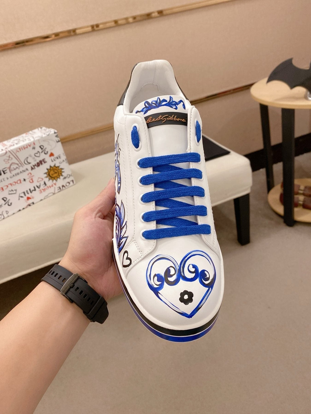 Dolce & Gabbana Men's White Blue Graphic Sneakers