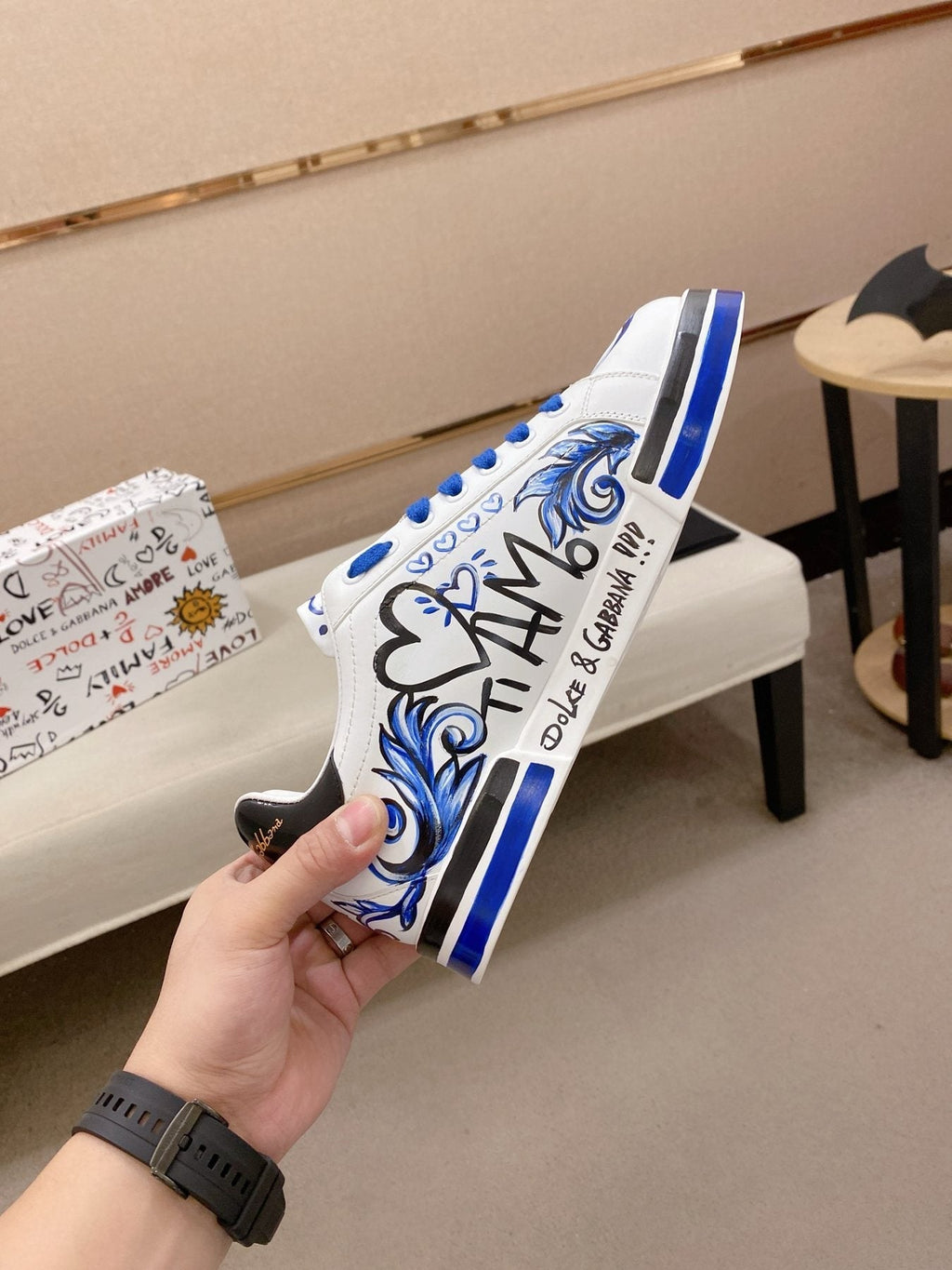 Dolce & Gabbana Men's White Blue Graphic Sneakers