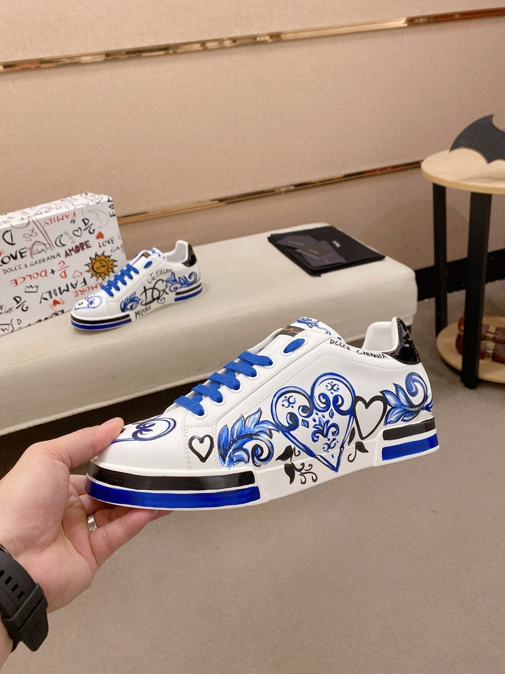 Dolce & Gabbana Men's White Blue Graphic Sneakers