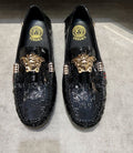 Versace Black Patterned Loafers with Gold-Tone Ornament