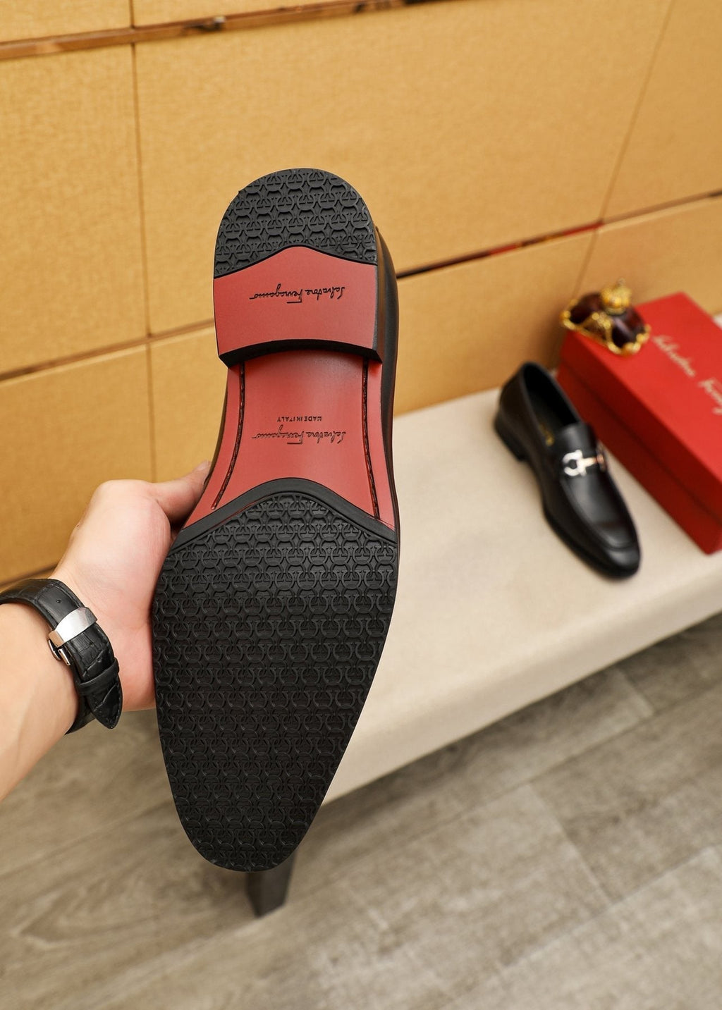 Salvatore Ferragamo Men's Black Buckle Loafers - Polished Metal Buckle Detail