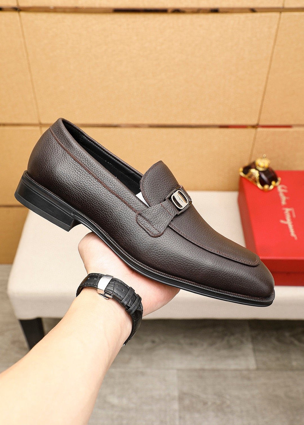 Ferragamo Men's Textured Leather Loafers - Stacked Heel