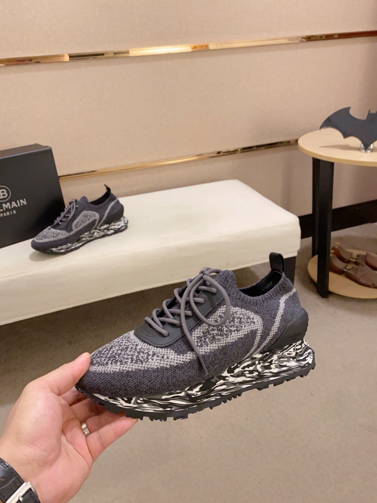 Balmain Gray and Black Knit-Look Sneakers