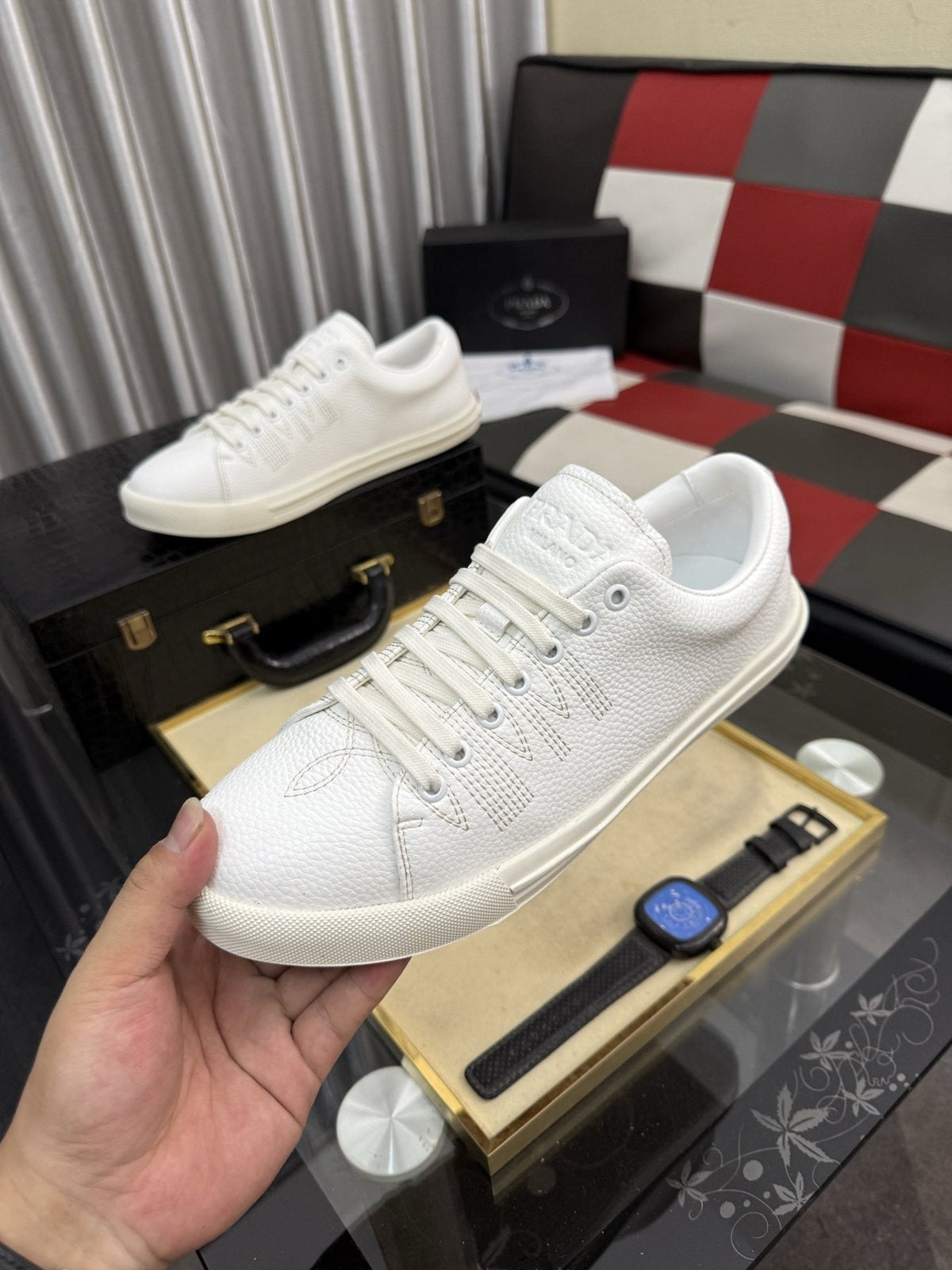 Prada Men's Textured Leather Low-Top Sneakers